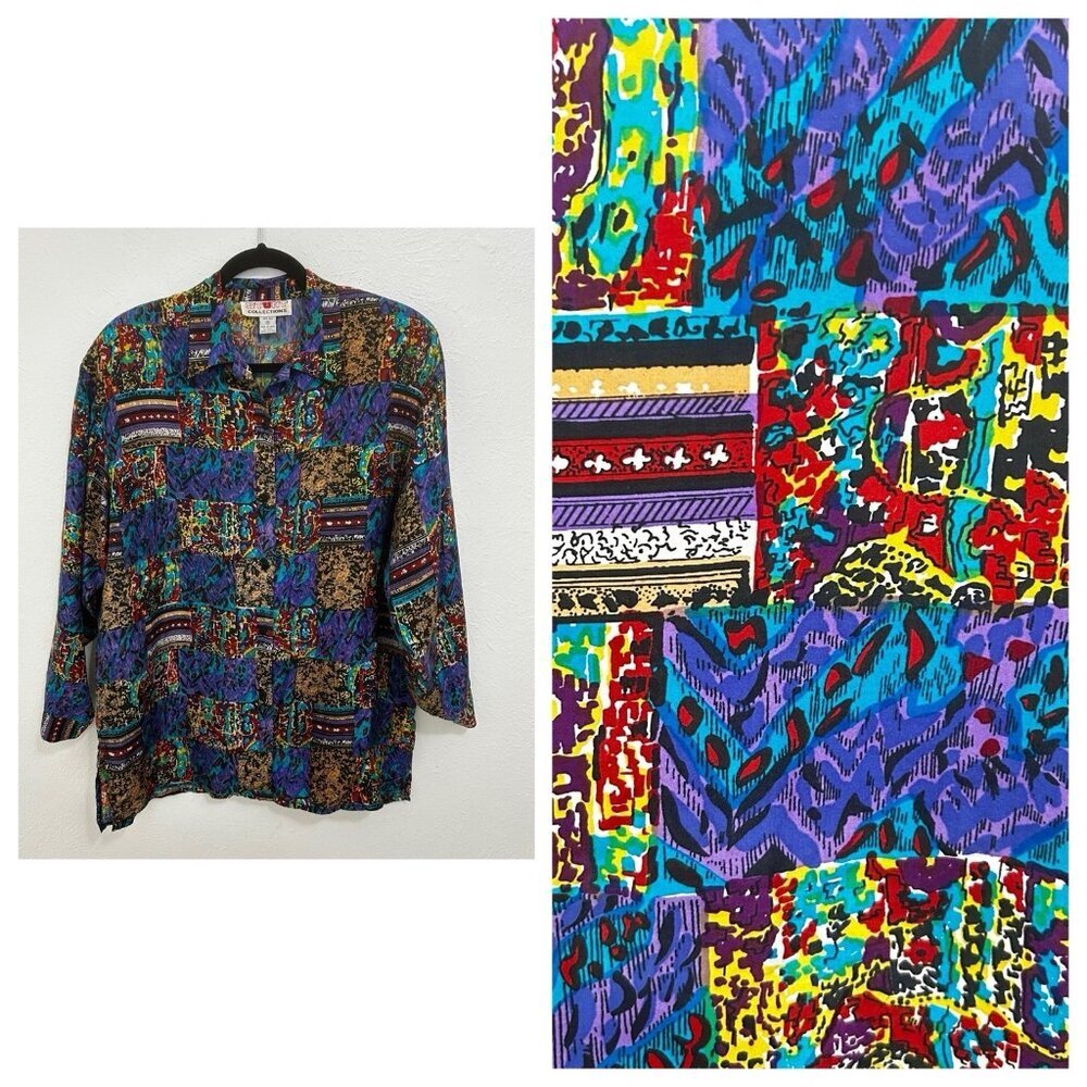 Stunt VTG 90s 100% Silk Oversize Shirt M Purple Blue Abstract Patchwork Dopamine
